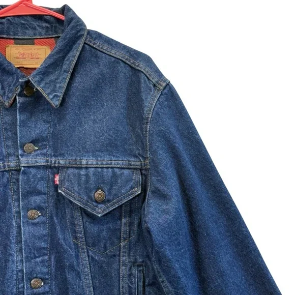 Levi's Vintage Red and Black Buffalo Plaid Trucker Denim Jacket. Size 42